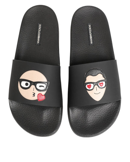 Dolce & Gabbana Black Leather Slides Sandals Beachwear Shoes
