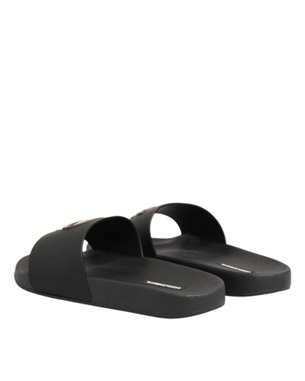 Dolce & Gabbana Black Leather Slides Sandals Beachwear Shoes