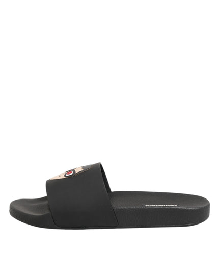 Dolce & Gabbana Black Leather Slides Sandals Beachwear Shoes
