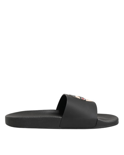 Dolce & Gabbana Black Leather Slides Sandals Beachwear Shoes