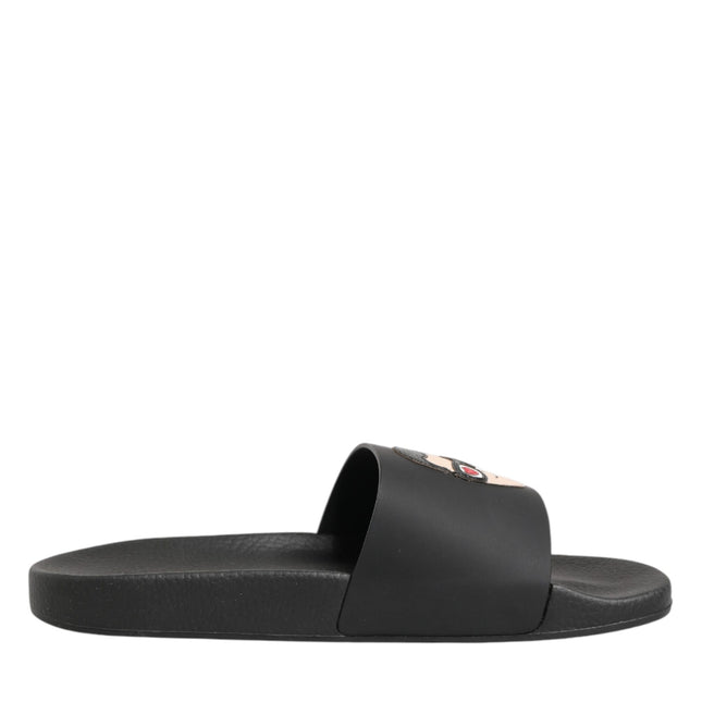 Dolce & Gabbana Black Leather Slides Sandals Beachwear Shoes