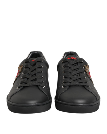 Dolce & Gabbana Black Leather Heart Embellished Sneakers Shoes