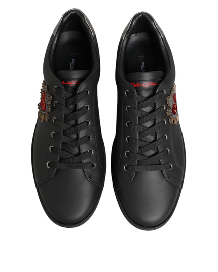 Dolce & Gabbana Black Leather Heart Embellished Sneakers Shoes