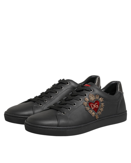 Dolce & Gabbana Black Leather Heart Embellished Sneakers Shoes
