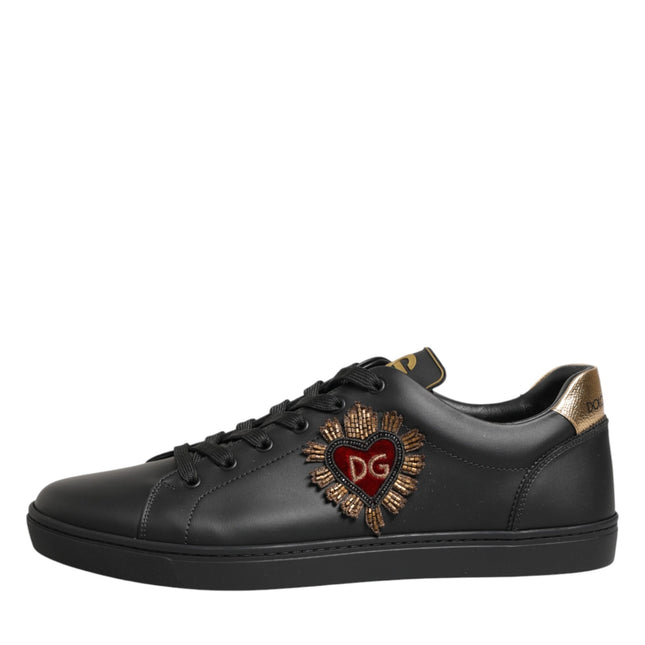 Dolce & Gabbana Black Leather Heart Embellished Sneakers Shoes