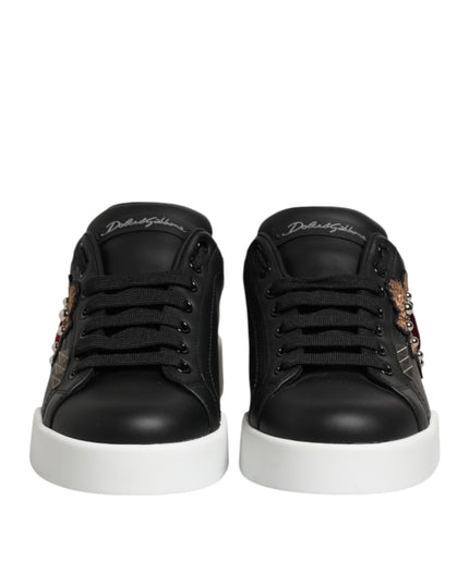 Dolce & Gabbana Black Leather Heart Embellished Sneakers Shoes