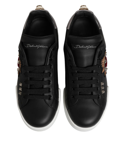Dolce & Gabbana Black Leather Heart Embellished Sneakers Shoes