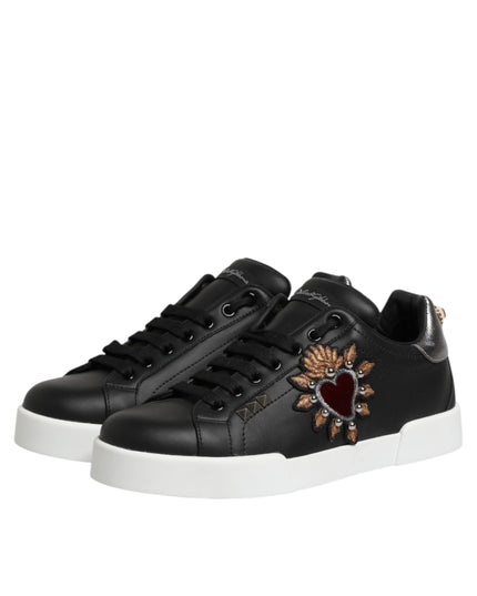 Dolce & Gabbana Black Leather Heart Embellished Sneakers Shoes