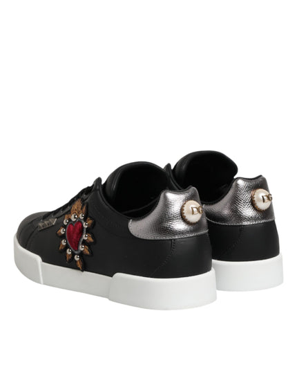 Dolce & Gabbana Black Leather Heart Embellished Sneakers Shoes