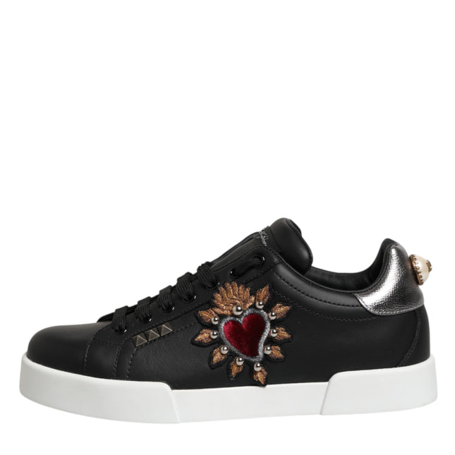 Dolce & Gabbana Black Leather Heart Embellished Sneakers Shoes