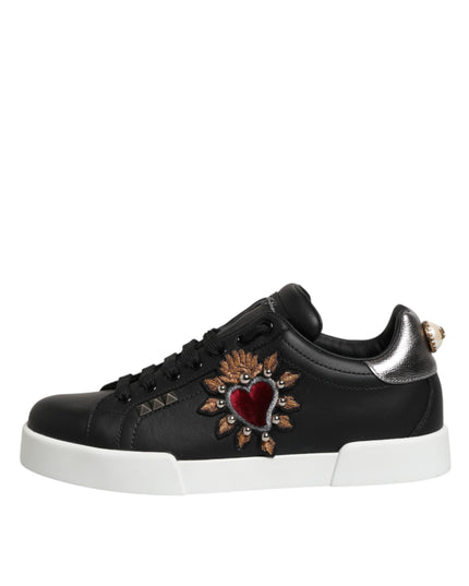 Dolce & Gabbana Black Leather Heart Embellished Sneakers Shoes