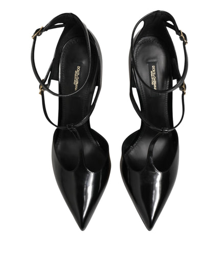 Dolce & Gabbana Black Leather T-STRAPS Heels Sandals Shoes