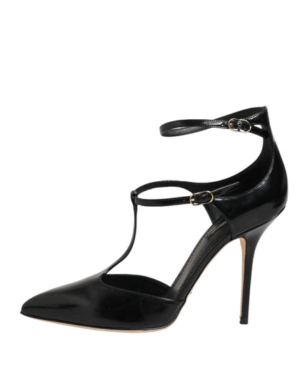 Dolce & Gabbana Black Leather T-STRAPS Heels Sandals Shoes