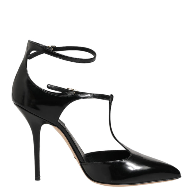 Dolce & Gabbana Black Leather T-STRAPS Heels Sandals Shoes
