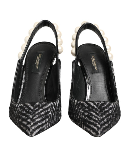 Dolce & Gabbana White Black Chevron Faux Pearl Slingbacks Shoes