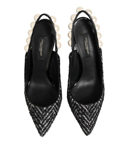 Dolce & Gabbana White Black Chevron Faux Pearl Slingbacks Shoes