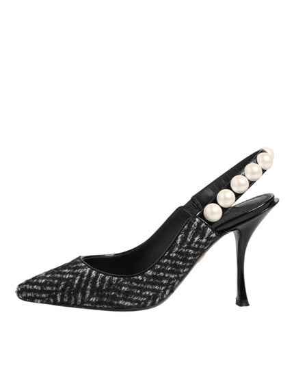 Dolce & Gabbana White Black Chevron Faux Pearl Slingbacks Shoes