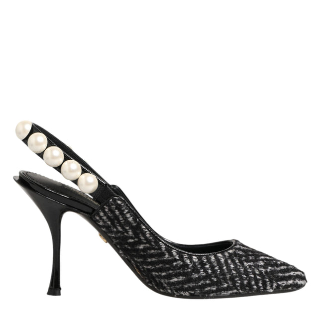 Dolce & Gabbana White Black Chevron Faux Pearl Slingbacks Shoes