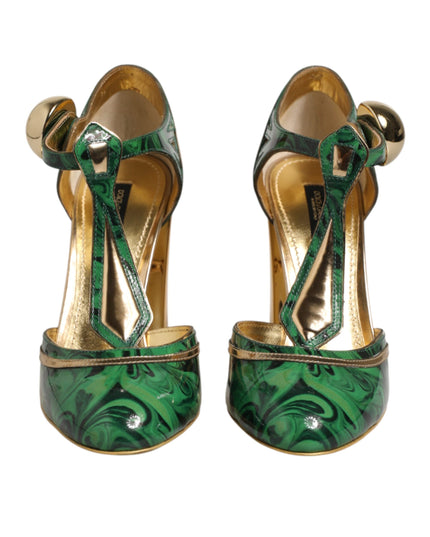 Dolce & Gabbana Green Leather T-STRAPS Heels Sandals Shoes