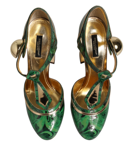 Dolce & Gabbana Green Leather T-STRAPS Heels Sandals Shoes