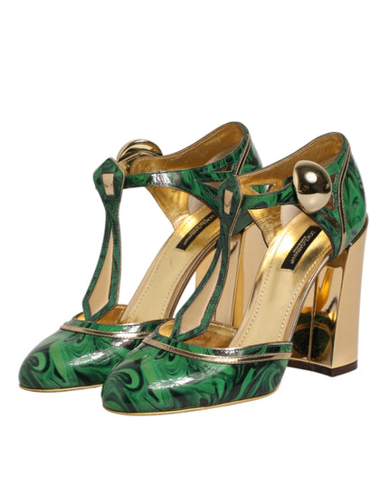 Dolce & Gabbana Green Leather T-STRAPS Heels Sandals Shoes