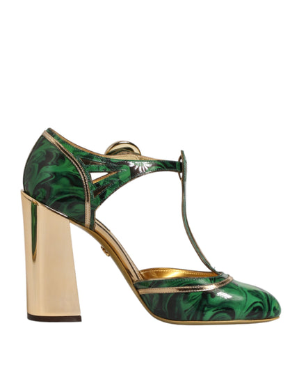 Dolce & Gabbana Green Leather T-STRAPS Heels Sandals Shoes