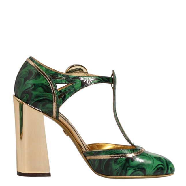 Dolce & Gabbana Green Leather T-STRAPS Heels Sandals Shoes