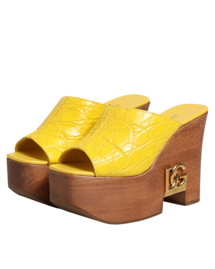 Dolce & Gabbana Yellow Leather Wood Mule Wedge Slides Shoes
