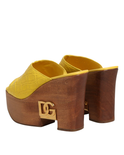 Dolce & Gabbana Yellow Leather Wood Mule Wedge Slides Shoes