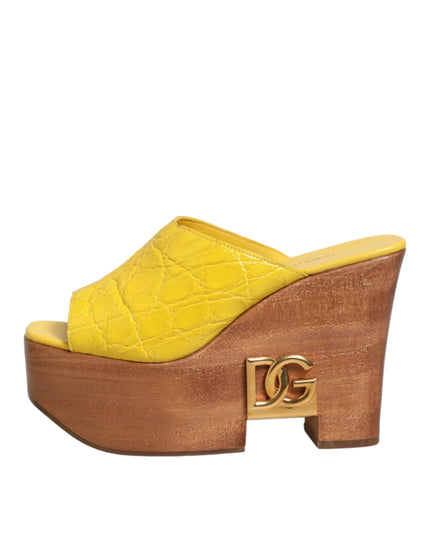 Dolce & Gabbana Yellow Leather Wood Mule Wedge Slides Shoes