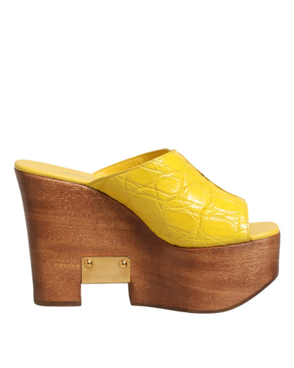 Dolce & Gabbana Yellow Leather Wood Mule Wedge Slides Shoes