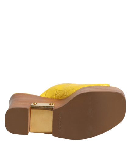 Dolce & Gabbana Yellow Leather Wood Mule Wedge Slides Shoes