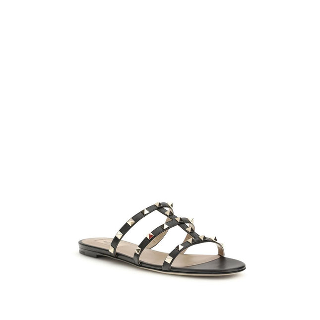 Valentino Garavani Black Calf Leather Bos Taurus Flat Sandals