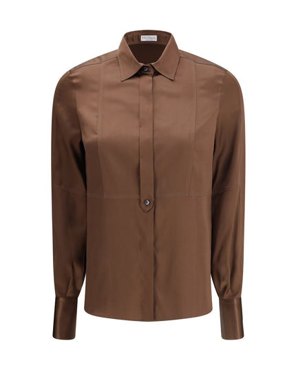 Brunello Cucinelli Brown Silk Dress Shirt