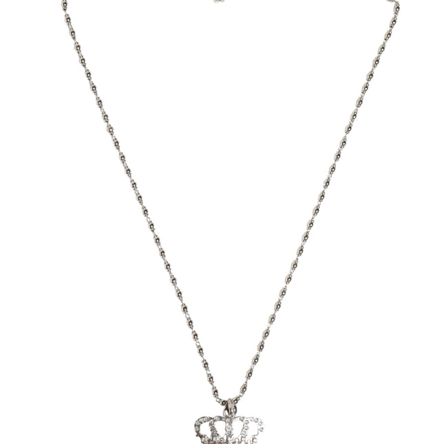 Dolce & Gabbana Silver Tone Brass Chain Crown Crystal Pendant  Necklace