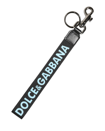 Dolce & Gabbana Black Blue Logo Polyester Brass Holder Keychain Keyring