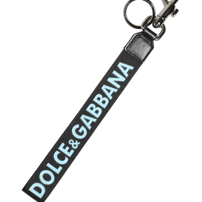 Dolce & Gabbana Black Blue Logo Polyester Brass Holder Keychain Keyring