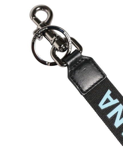 Dolce & Gabbana Black Blue Logo Polyester Brass Holder Keychain Keyring
