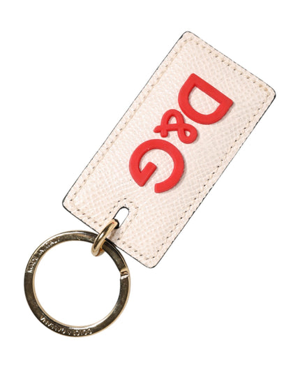 Dolce & Gabbana White Calf Leather D&G Logo Metal Ring Keychain Keyring