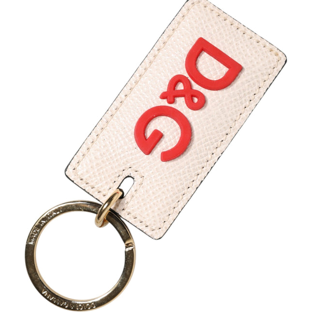 Dolce & Gabbana White Calf Leather D&G Logo Metal Ring Keychain Keyring