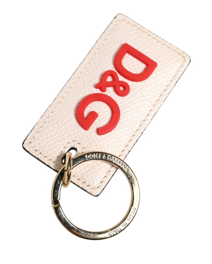 Dolce & Gabbana White Calf Leather D&G Logo Metal Ring Keychain Keyring