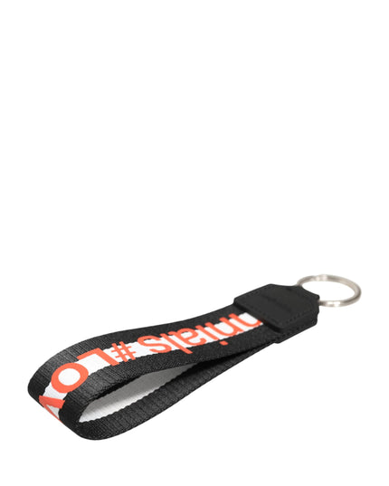 Dolce & Gabbana Black Logo Polyester Silver Brass Holder Keychain Keyring