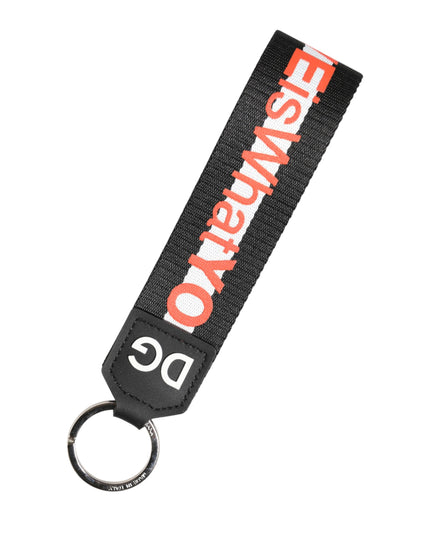 Dolce & Gabbana Black Logo Polyester Silver Brass Holder Keychain Keyring