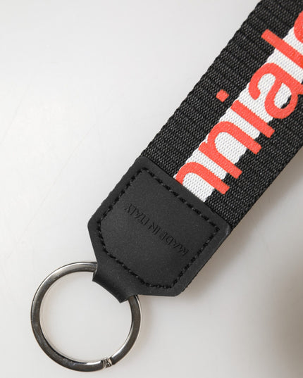 Dolce & Gabbana Black Logo Polyester Silver Brass Holder Keychain Keyring