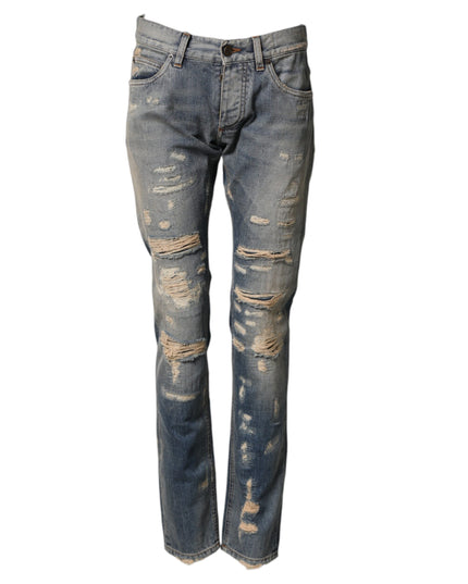 Dolce & Gabbana Blue Tattered Men Skinny Denim Trouser Jeans