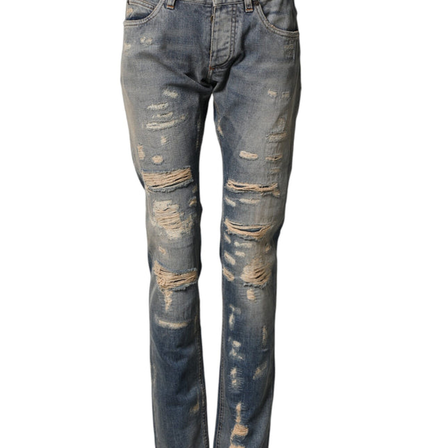 Dolce & Gabbana Blue Tattered Men Skinny Denim Trouser Jeans