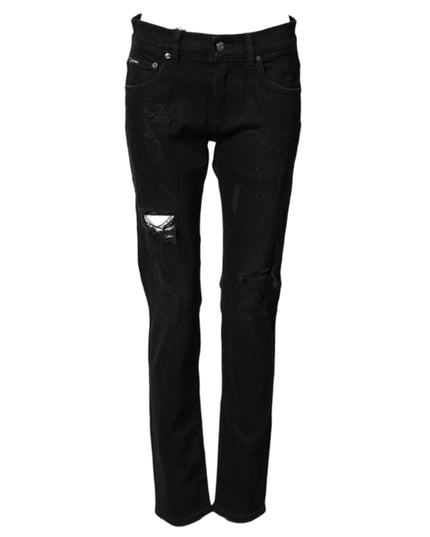 Dolce & Gabbana Black Tattered Cotton Men Skinny Denim Jeans