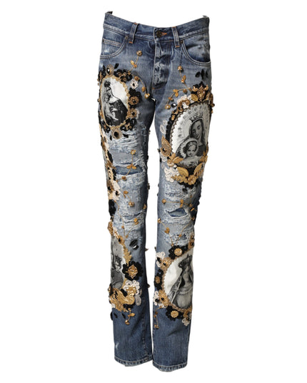 Dolce & Gabbana Blue Ripped Embellished Cotton Denim Jeans