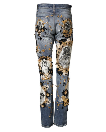 Dolce & Gabbana Blue Ripped Embellished Cotton Denim Jeans