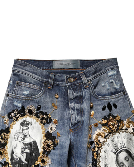 Dolce & Gabbana Blue Ripped Embellished Cotton Denim Jeans